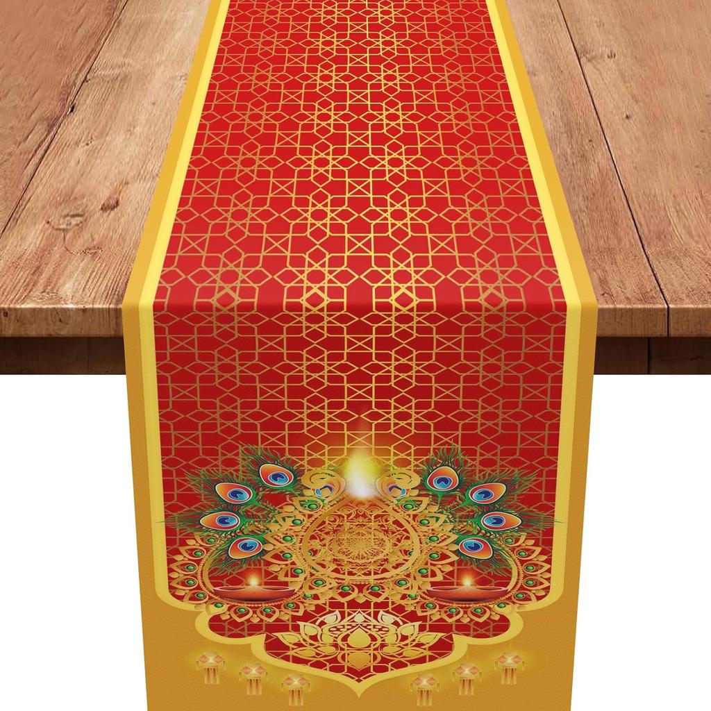 Diwali Table Runner,Red Gold Diwali Table Decoration India Deepawali Festival Table Runner Holiday Kitchen Dining Table Decoration for Home Party