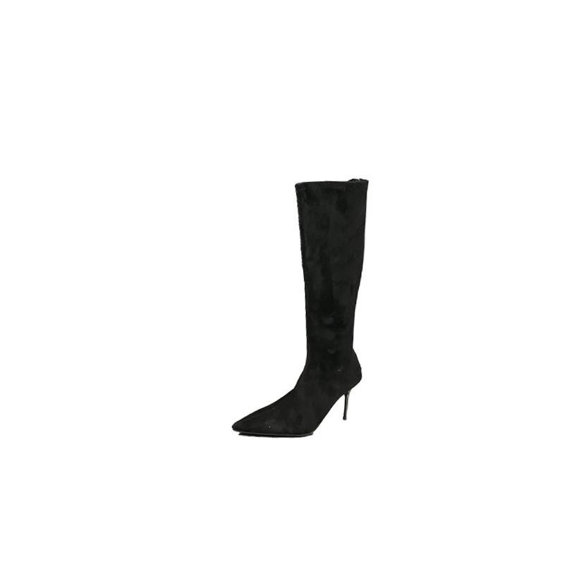 European and American Niche Temperament Suede High-heeled Boots 2025 Autumn and Winter New Pointed Thin Heels But Knee Zipper Tall Tube