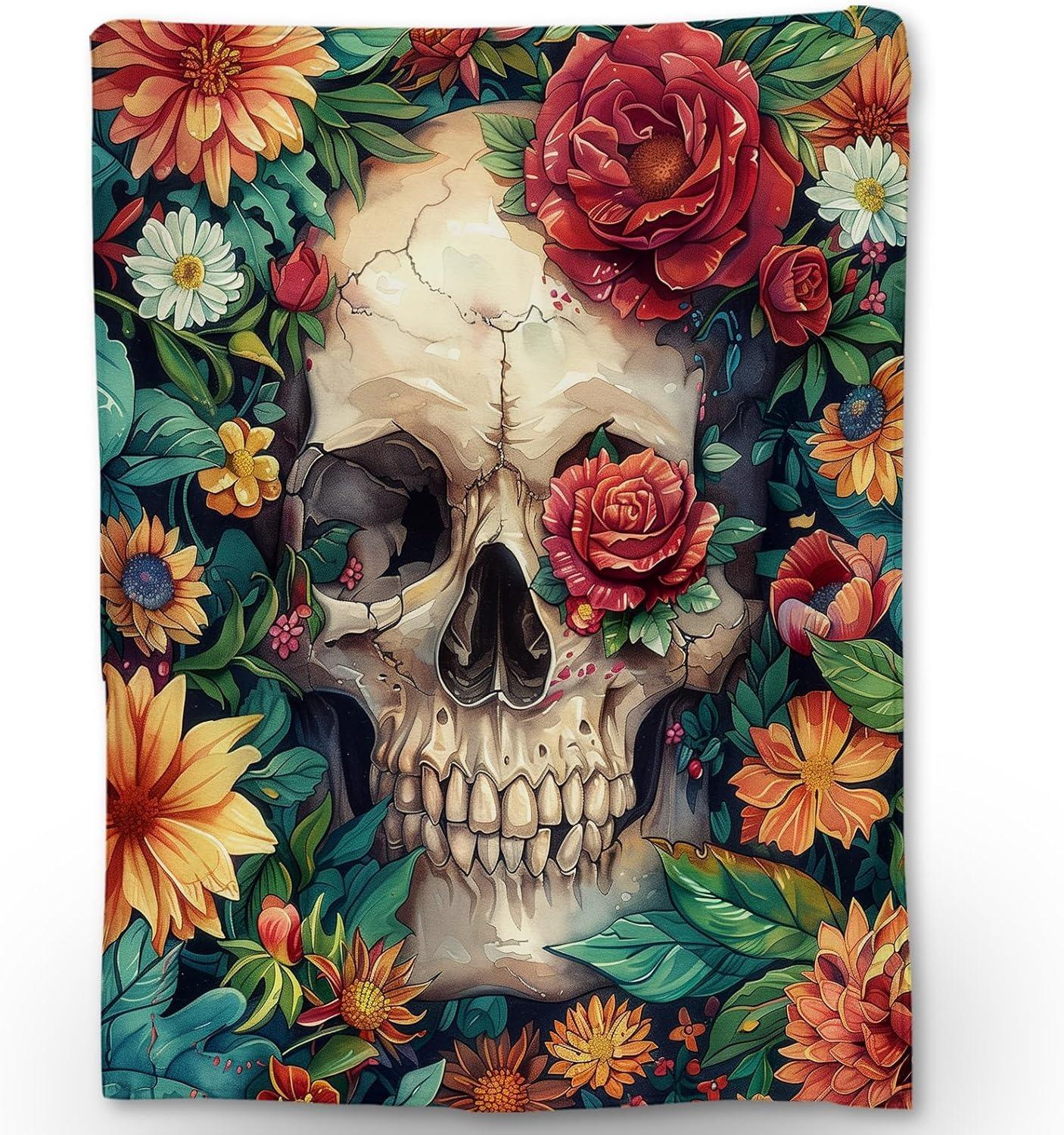 

1PC Halloween Theme Throw Fashion Blanket Skeloton Skull Flowers arts Thin Fashion Blanket Gifts for Couch Bed Car Home Camping all season u 130x150cm