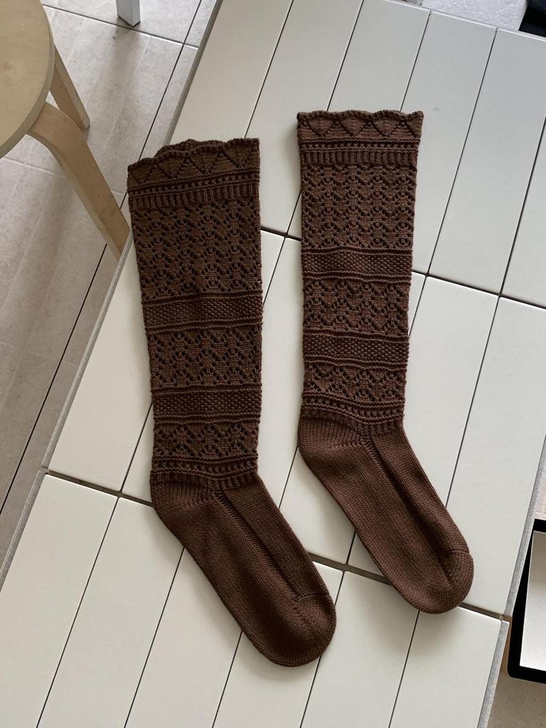 Wei Xue Autumn/Winter Hollowed Wool Slouch Calf Socks: Runway Style Knitted Lace, Warm & Slimming.