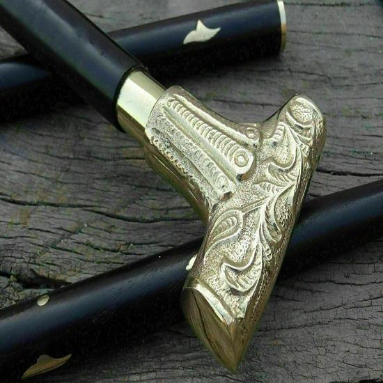 Brass T Shape Head Handle Vintage Style Wooden Walking Stick Shaft Cane