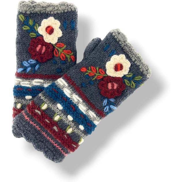 Ella Sussman Hand Knit Fingerless Embroidered 2 Flower Gloves Embroidered Wool Fleece Lined Texting Mittens Arm Warmers