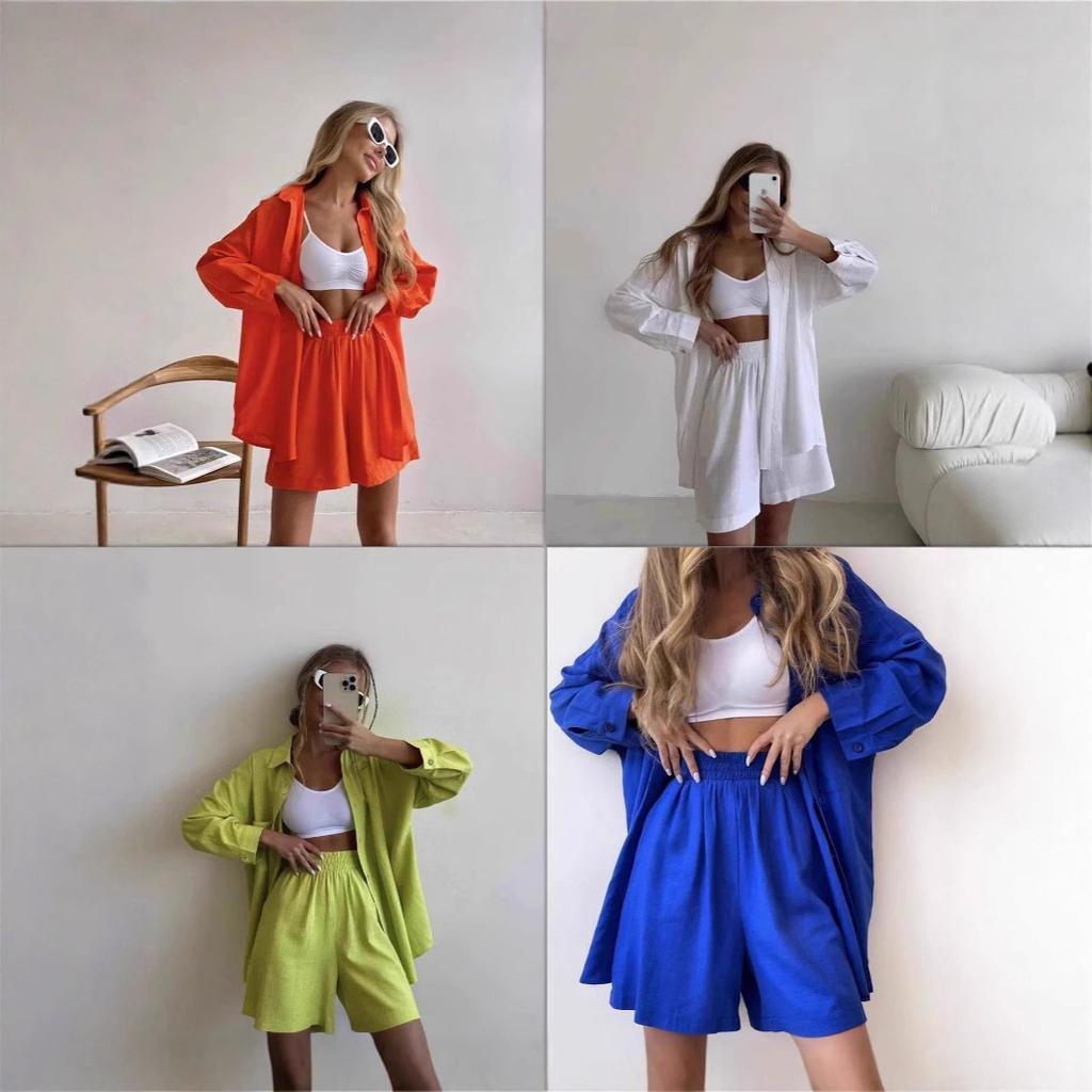 Cross-border Loose Fashion Suit Single-breasted Large-size Women's Clothing Long-sleeved Solid Color Shirt Casual Shorts two-pieCe Set