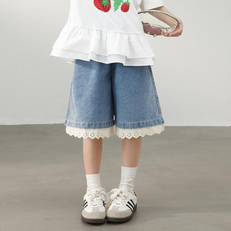 LUSON Stilvolle Denim-Capri-Shorts für Mädchen mit Spitzenbesatz