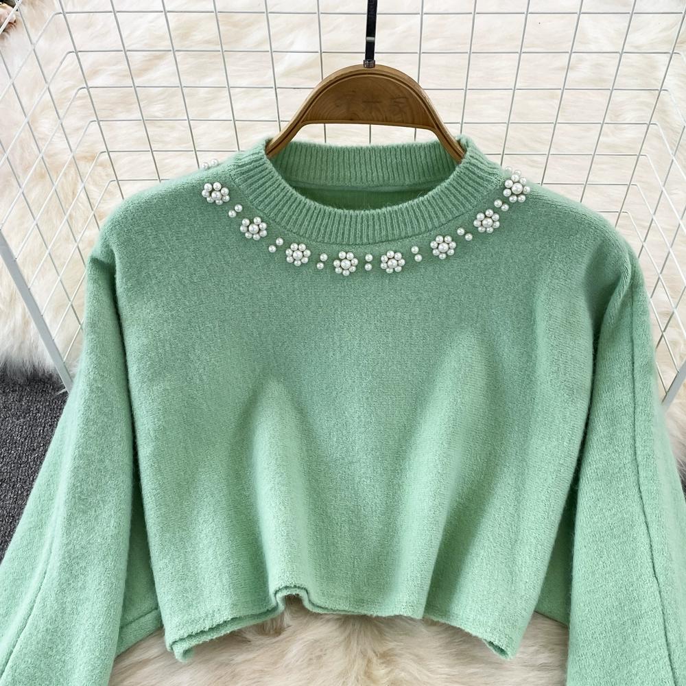 Celebrity Temperament Round Neck Beaded High Waist Short Belly Button Sweater Two-piece Set Spice Girl Knitted Vest Dress