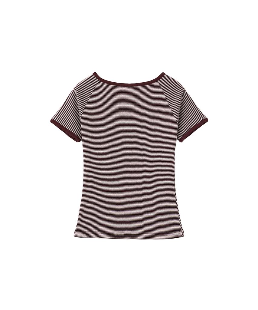 Lomaentinueo Stripe Henley Neck Short Sleeve T-Shirt (Red)