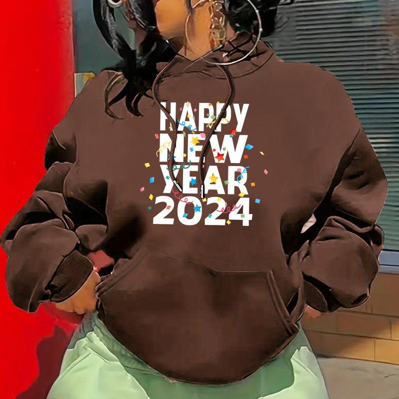 

Осенне-зимний свитер с капюшоном из флиса с принтом на плечах и рукавах «С Новым годом» для женщин 5XL темно-коричневого