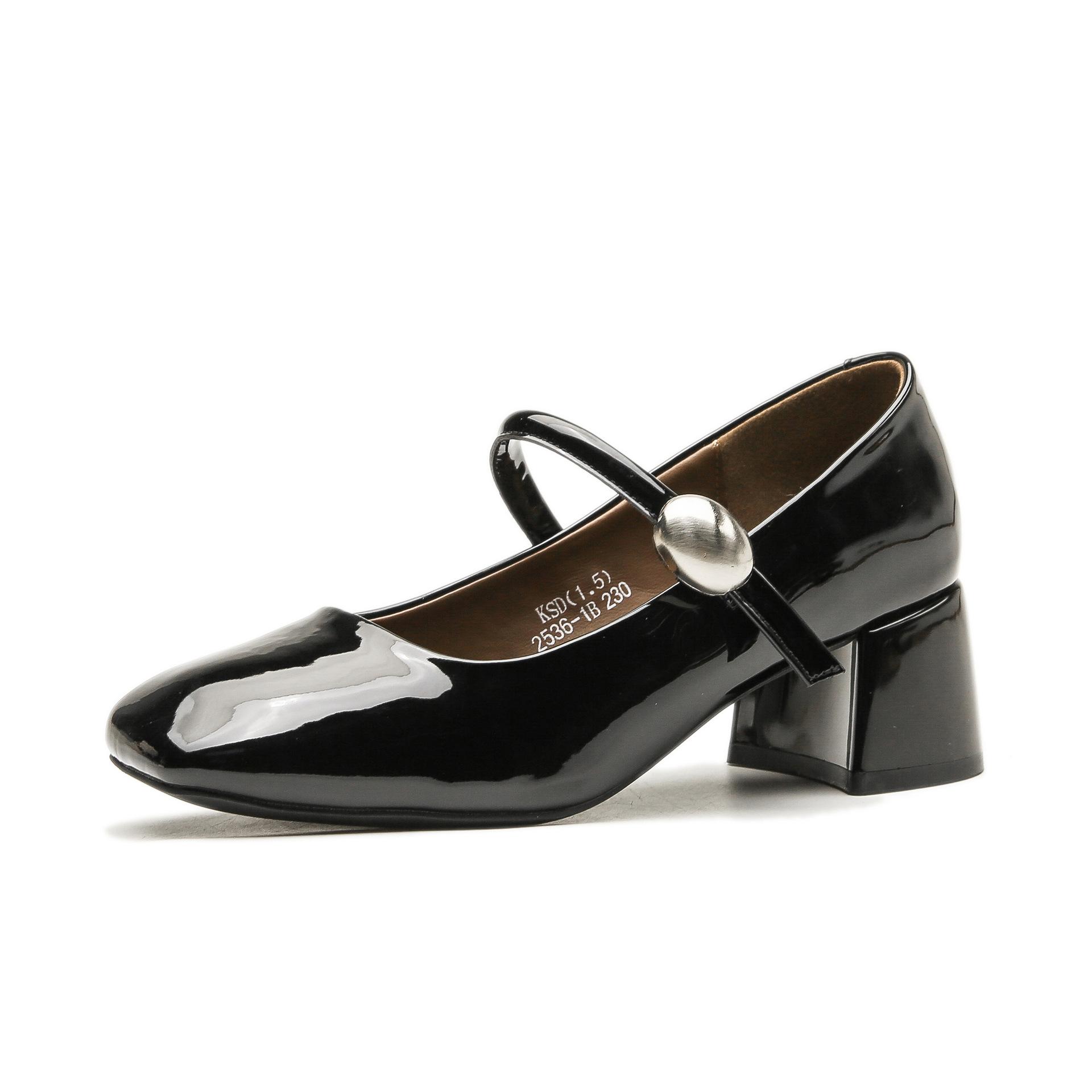 

Leather flat for Huizhou women s shoes Su Yinyin same Mary Jane shoes high heel Korean version new single shoes thick heel 34 чёрный
