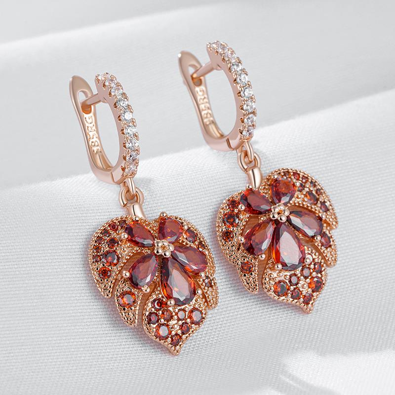 Original Design Shiny Red Natural Zircon Maple Leaf Earrings For Women Fashion  Rose Gold Color Daily Fine Jewelry