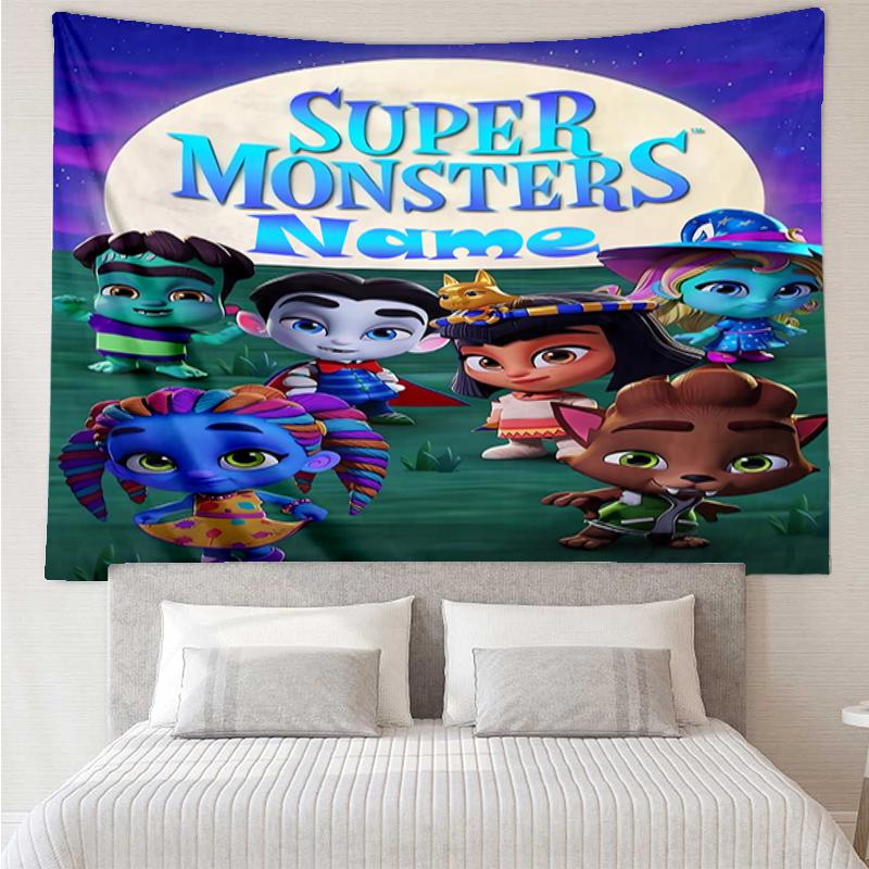 Custom Name Super Monsters Print Tapestry, Backdrop, Easy Setup, Ideal for Bedroom, Office & Living Room, with Aesthetic Wall Hanging Decor.