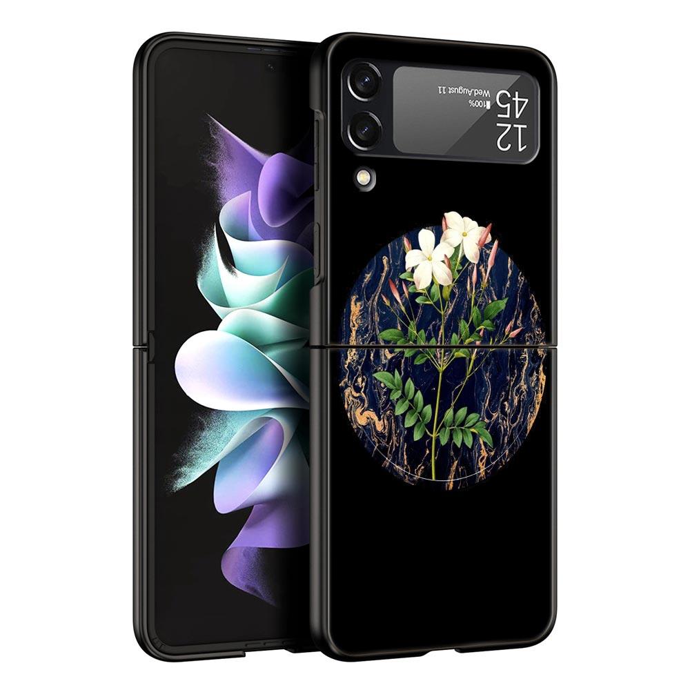 Handyhülle mit Vintage-Blumen-Motiv, botanischer Marmor, für Samsung Galaxy Z Flip 3, 4, 5, schwarze faltbare Handyhülle, harte Schutzhülle