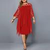 Chiffon Dress Spring European and American Women's Clothing Lace Patchwork 3/4 Sleeve Asymmetrical Hem Chiffon Dress
