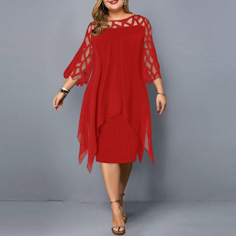 Chiffon Dress Spring European and American Women's Clothing Lace Patchwork 3/4 Sleeve Asymmetrical Hem Chiffon Dress