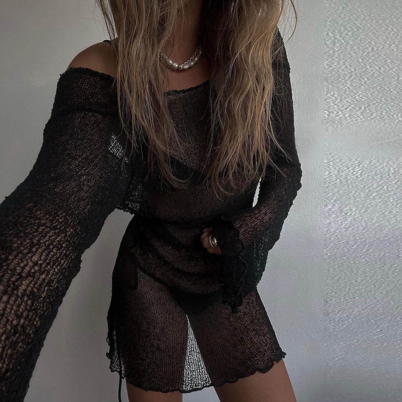 

Женское летнее прозрачное сексуальное тонкое пляжное платье с открытой спиной, бикини, богемное вязаное короткое платье с длинными рукавами L чёрный