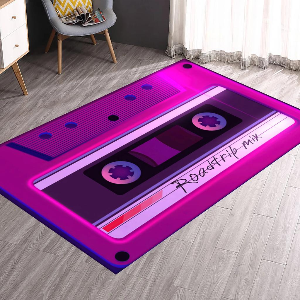 Neon Cassette Tape Rug 90s Music Room Decor Rug Old School Boom Box 80s 90s Decor CD Player Rug Funny Rug Round Runner Rugs