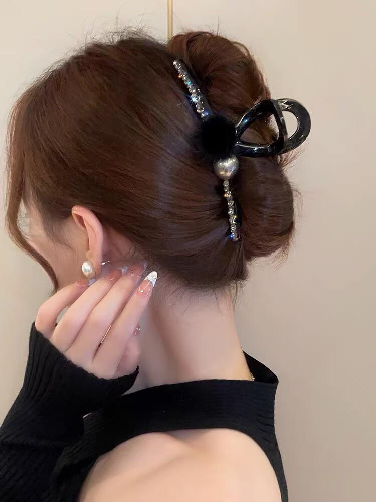 2025 New Year Red Plush Pearl Claw Clip - Stylish Women's Shark Hairpin Accessory for Buns and Hair Styling