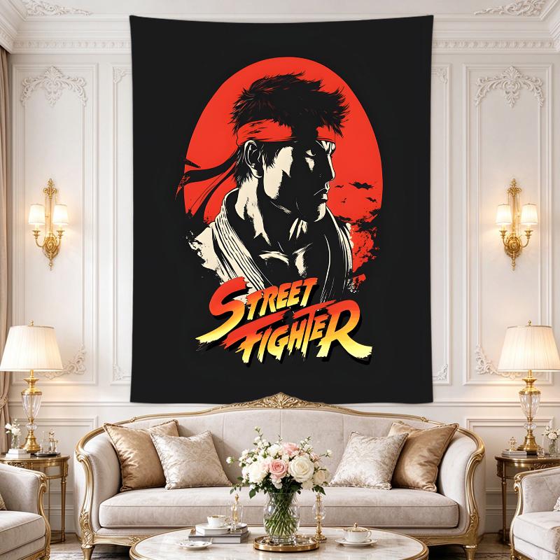 Vertical Tapestry Street Fighter Ryu Profile Silhouette Against Red Sun Vintage Game Art for Adult Gamer Fan Decor
