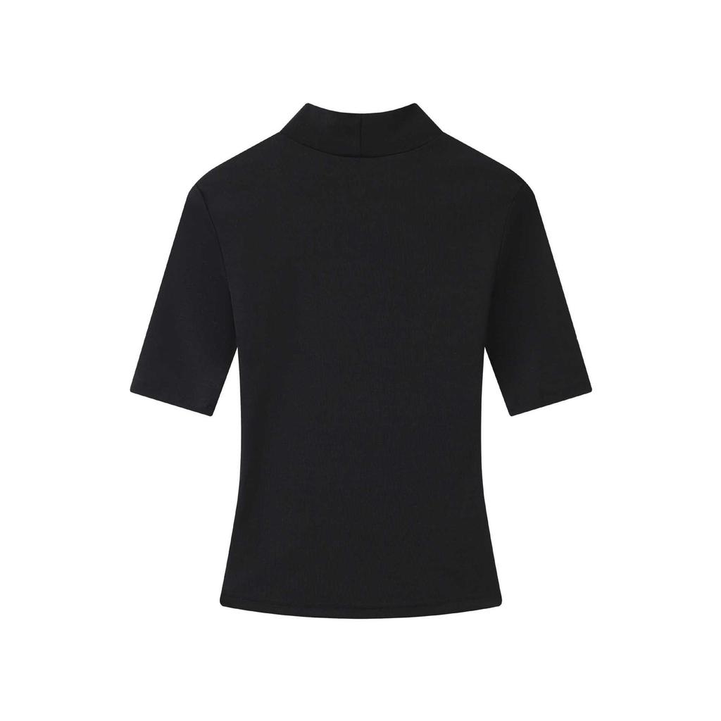 T-shirt Estiva Slim Fit Retrò in Tencel Lycra, Scollo Alto, Spalla Dritta, Manica a Cinque Quarti