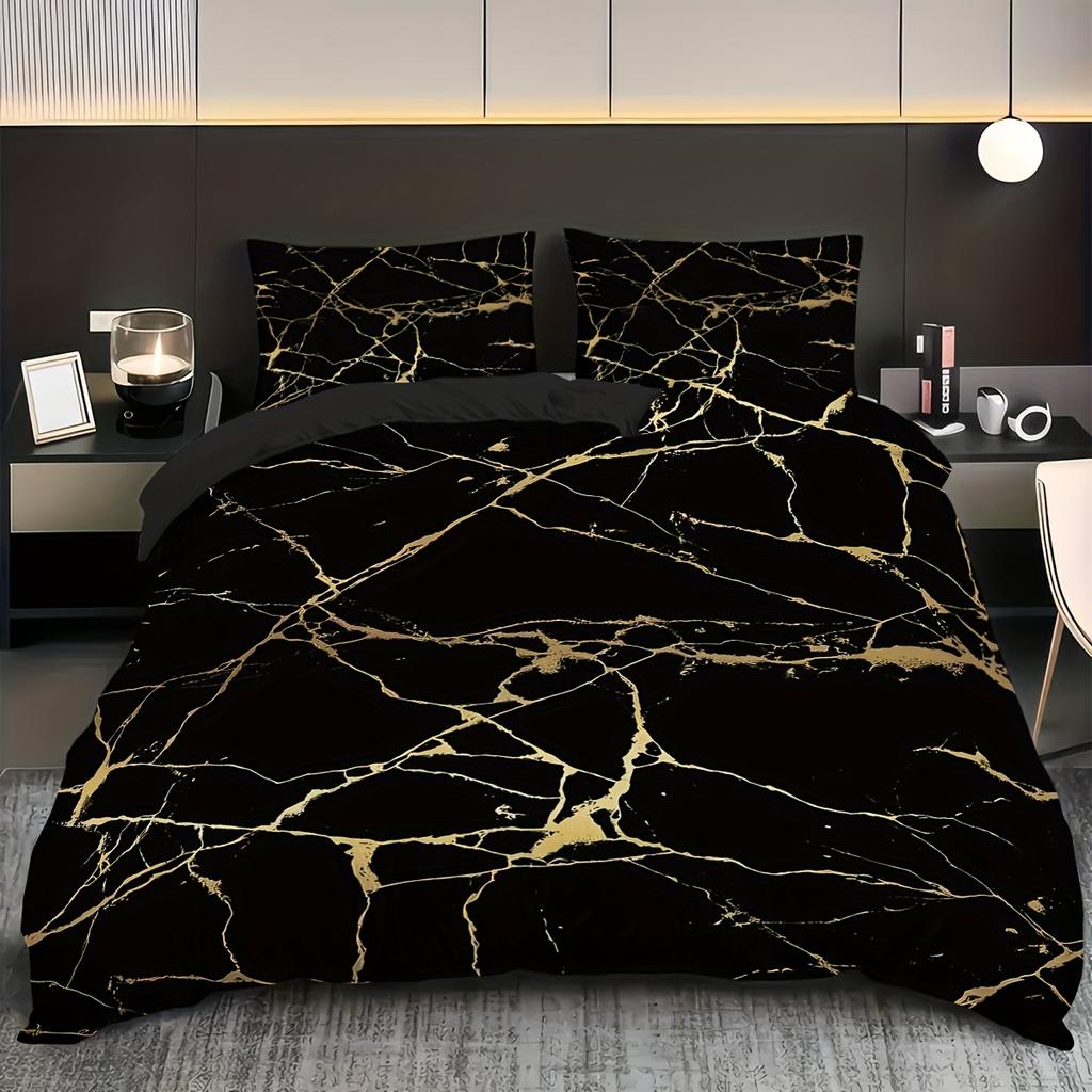 3pcs Duvet Cover Set King Size,Queen Black Marble Printed Bedding Set 1 * Duvet Cover+2 Pillowcases-Bedding Set for Bedroom