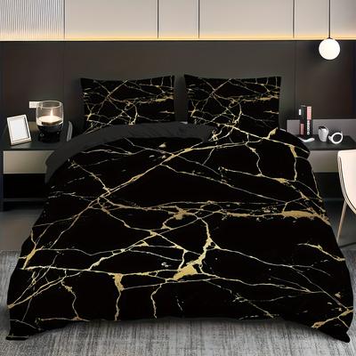 3-teiliges Bettbezug-Set King Size, Queen Schwarz Marmor bedrucktes Bettwäsche-Set 1 * Bettbezug+2 Kissenbezüge-Bettwäsche-Set für Schlafzimmer
