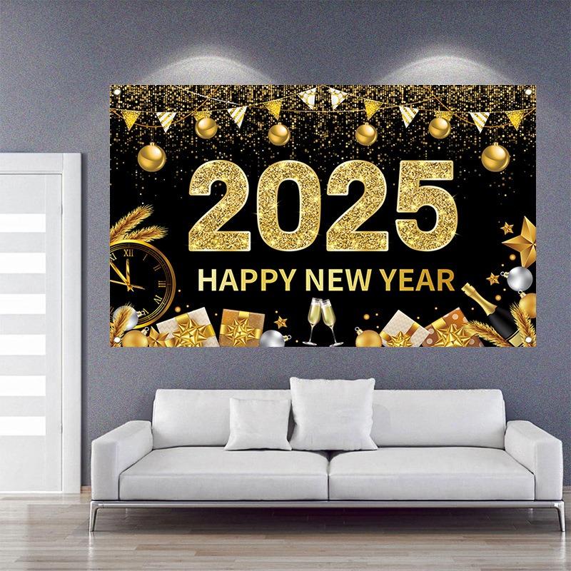 2025 Happy New Year Background Gold Black Hanging Flag Countdown Party Champagne Wine Glass Banner New Year's Eve Scene Decors