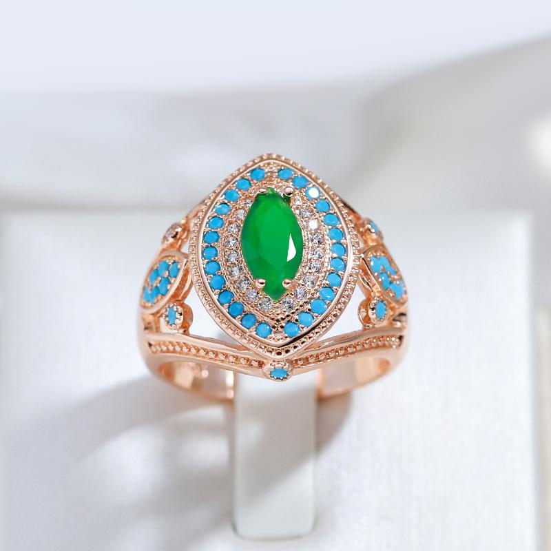 Rose Gold Color Rhombus Big Ring For Women Fashion Green With Blue Natural Zircon Wedding Daily Vintage Jewelry
