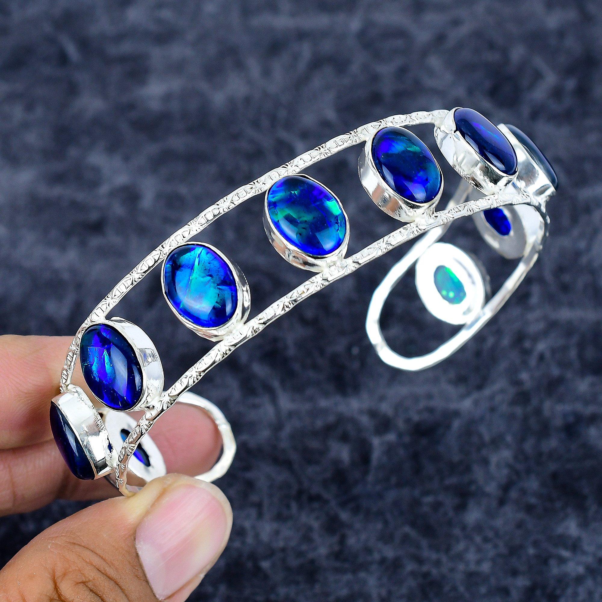 

Blue Triplet Opal Gemstone 925 Sterling Silver Cuff Bangle Adjustable M-3337