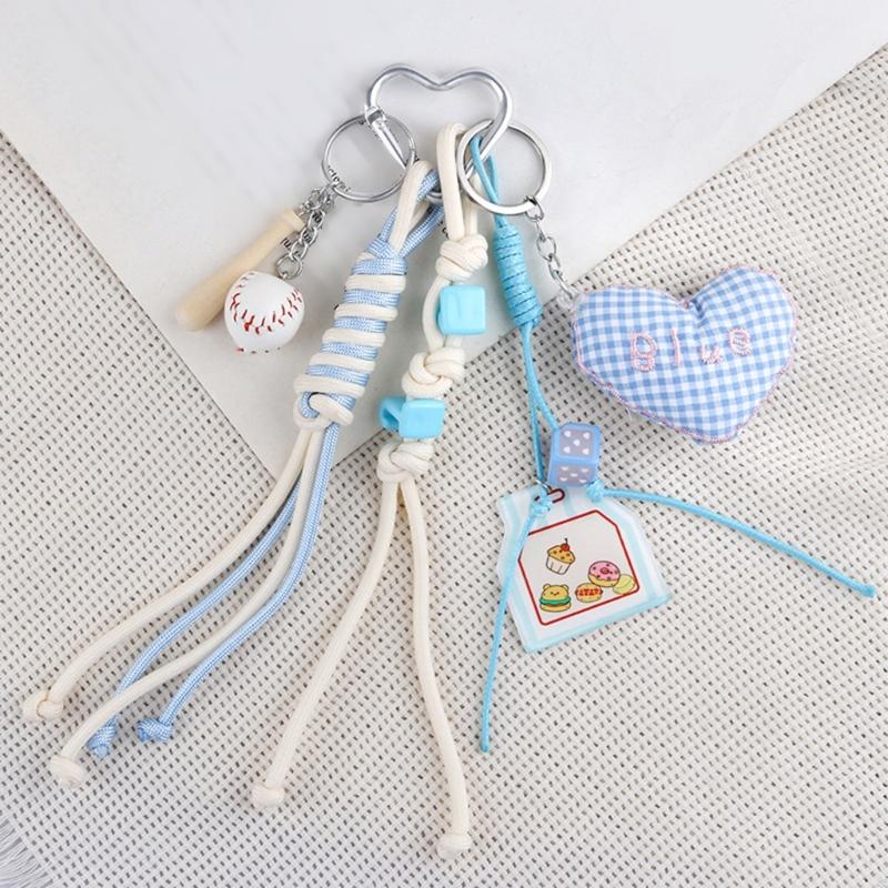 Cute Bag Charm Pendant Keyring Heart Beaded Braided Rope Keychain Bag Charm for Backpack Purse Handbag Decorations