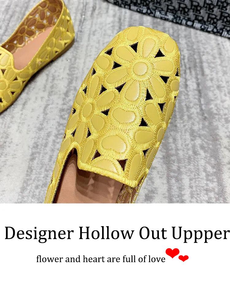 Cheap Summer Cutout White Leather Shoes Women's Breathable Hollow Ballet Flats Female Chic Flower Loafers Easy Shoes Big Size 42