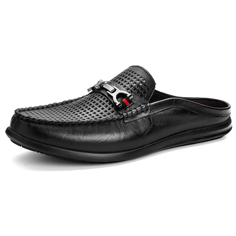 Fashion Genuine Leather Mens Slip on Shoes Fashion Men Half Loafers Slides Breathable Mules for Man Flats New Breathable Dress Shoes