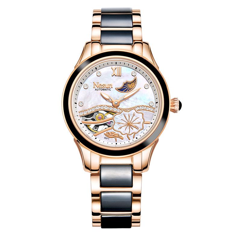 Montre Mécanique Automatique pour Femme NESUN - Élégante, Lumineuse, Étanche, Design Squelette pour Cadeau de Saint-Valentin