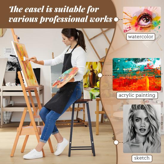 H Frame Easel, French Easel with Drawer, Solid Beech Wood Easel, Painting Canvas Holder Stand, Tilts Flat Artist Easel, Height Angle Adjustable
