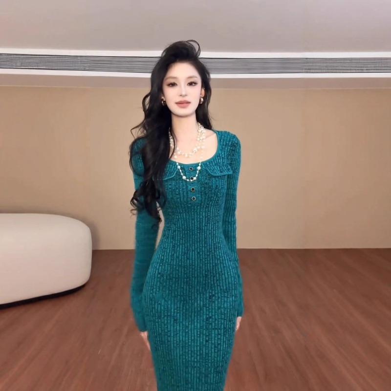 [] Light and Mature Style Slim Square Neck Dress Autumn Women's Clothing High-end Long-sleeved Knitted Hip-wrapped Long Skirt
