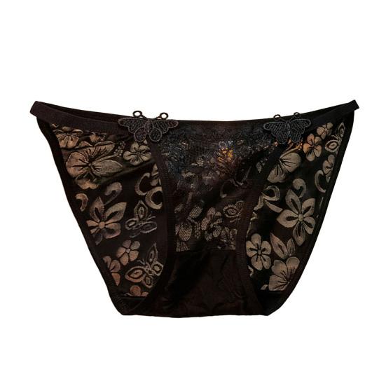 Women Panties See-through Lace Flower Embroidery Applique Soft Mesh Low Waist Cotton Crotch Thin Soft Breathable Hollow Out Bow Decor Lady Briefs