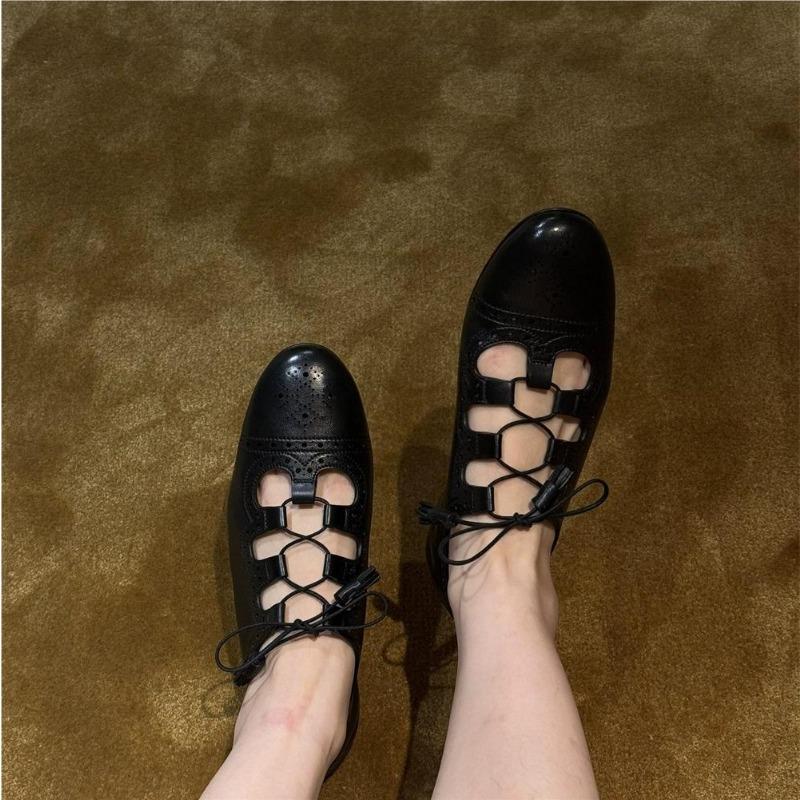 Fashion Classic Fretwork Polka Dot Sheepskin Fringe Lace-Up Woman Flats Solid Hollow Cross-Tied Sewing Mary Janes Zapatos Mujer 35-40