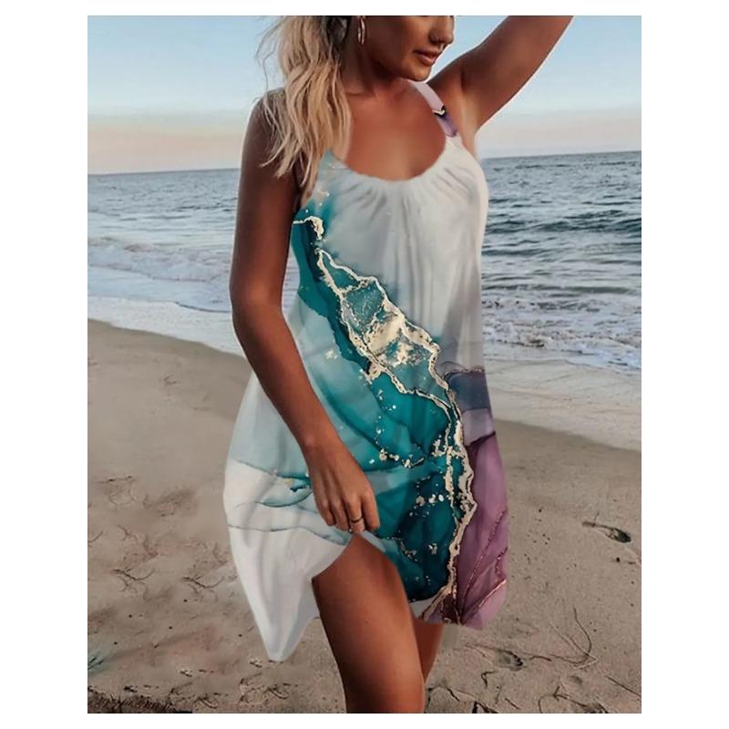 VEZFAA Women's Fashion Summer Spring Colour Block Print Sleeveless Suspenders Loose Waistline Casual Dresses