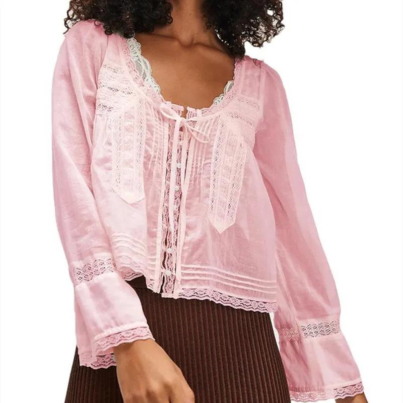 Women Y2k Vintage Long Sleeve Lace Up Blouse Scoop Neck Open Front Tie Lace Trim Crop Ruffle Solid Color Shirt