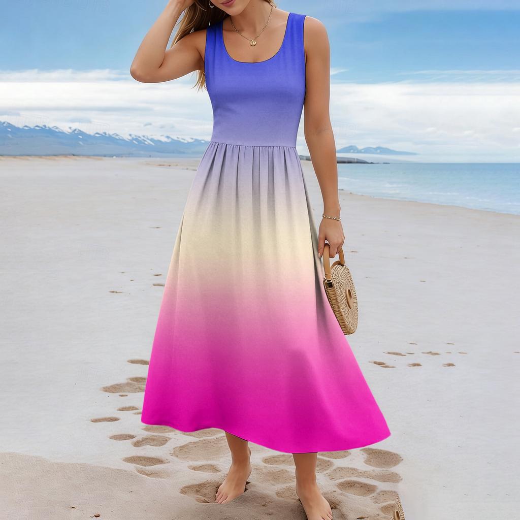 Ladies' Gradient Printed Summer Casual and Fashionable Sleeveless Long Dress