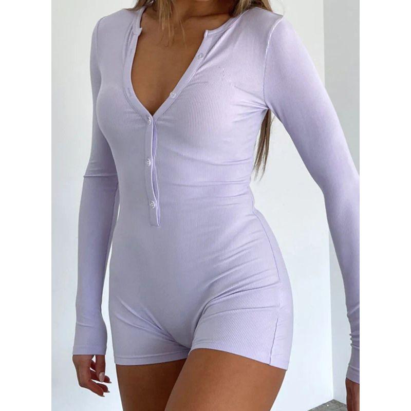 Amazon 2024 European and American Autumn New Women's Tight One-Piece Shorts Casual Button Cotton Top Long sleeve V-neck