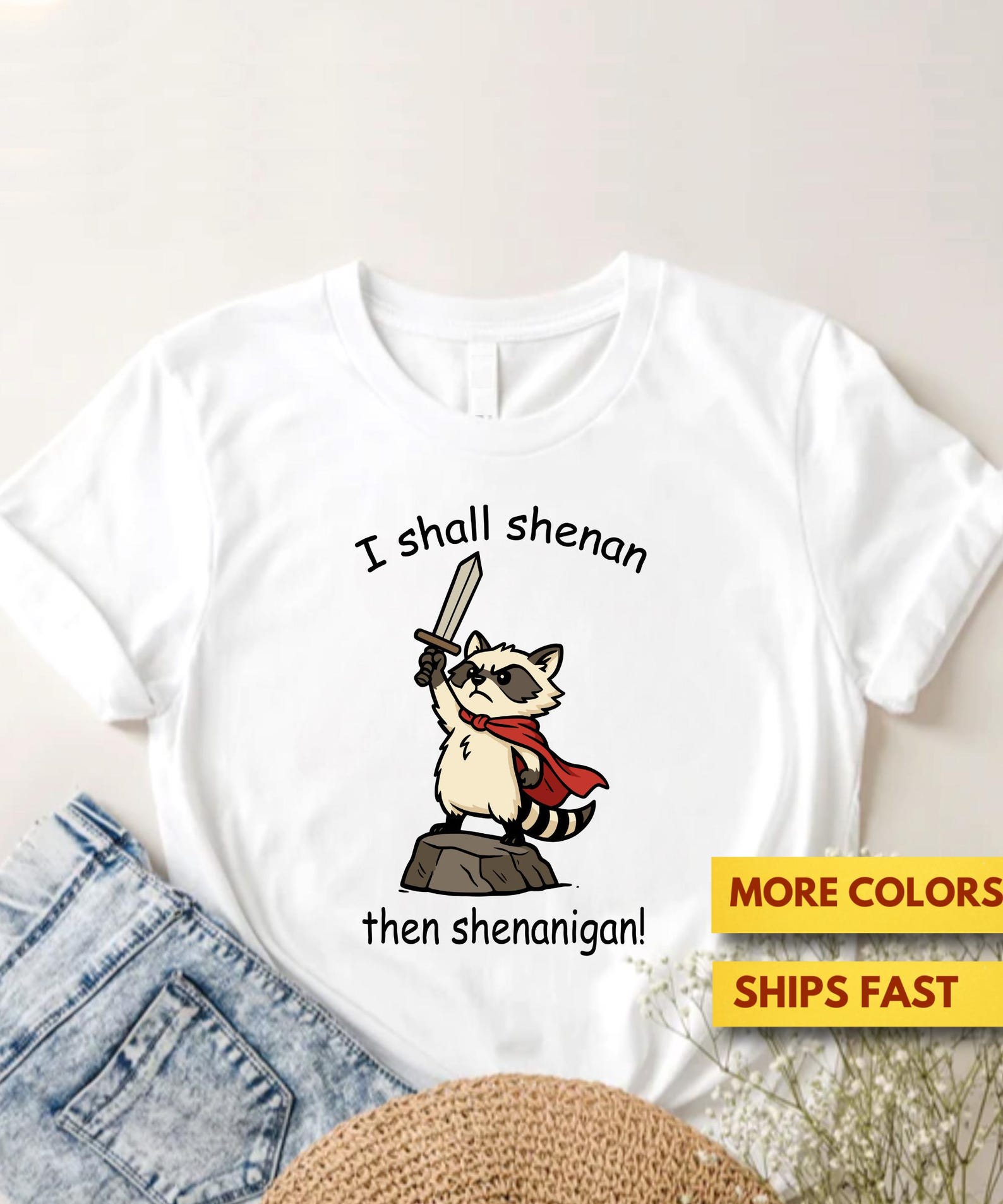 Shenanigans Shirt, Cute & Funny Mischievous Raccoon On A Quest Kids GifT shirt, I Shall Shenan Then Shenanigan! Funny Wordplay Irish Pun Tee M