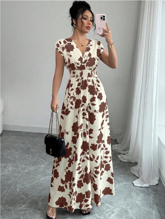 Europäisches und Amerikanisches V-Ausschnitt Taillenbetontes Kurzarmkleid - Frühling/Sommer Druck Langes Kleid für Damen