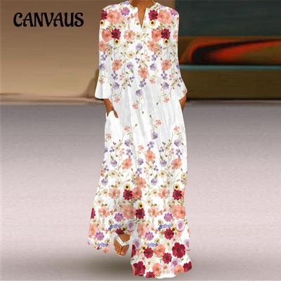 Übergröße Frühling und Sommer Damen Langes Kleid V-Ausschnitt Langarm Taschendruck Lockeres Kleid