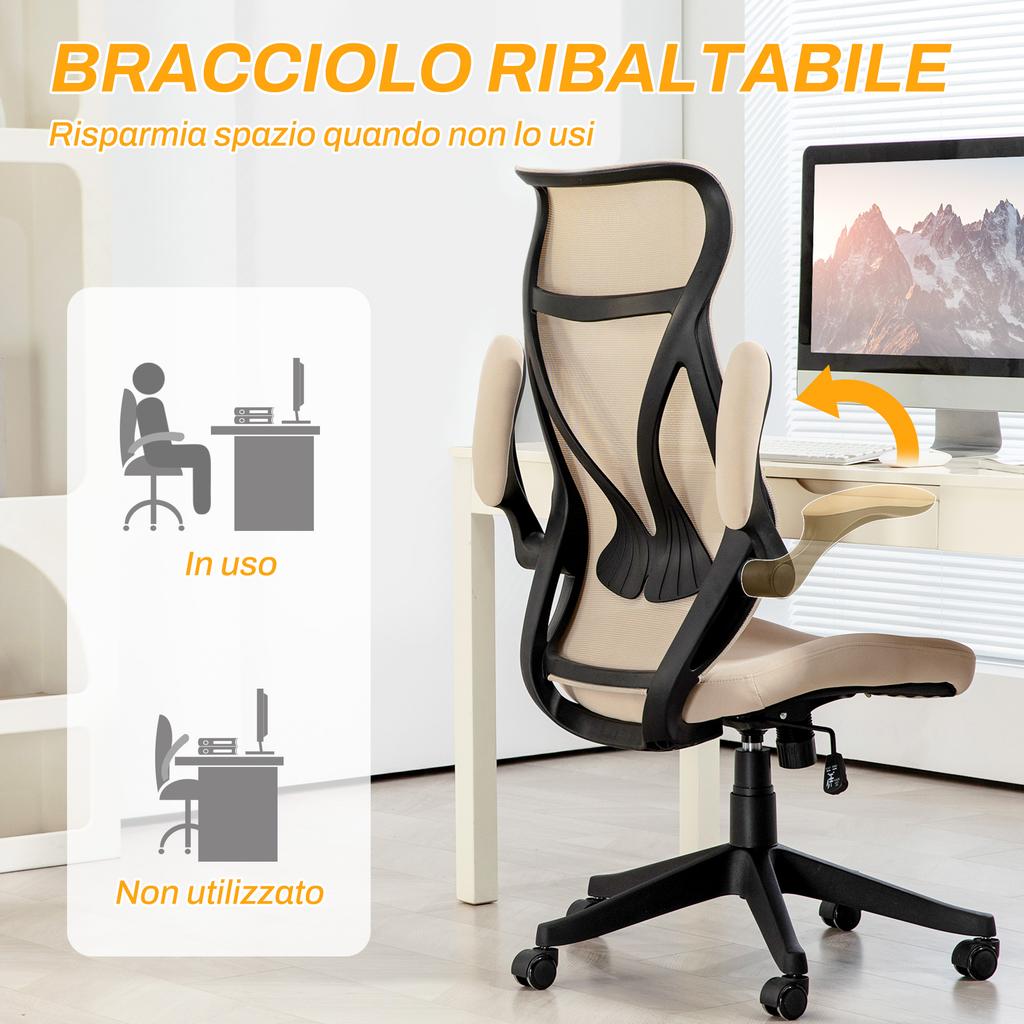 Office Chair with Flip-Up Armrests, Adjustable Height and Tiltable Backrest, Beige