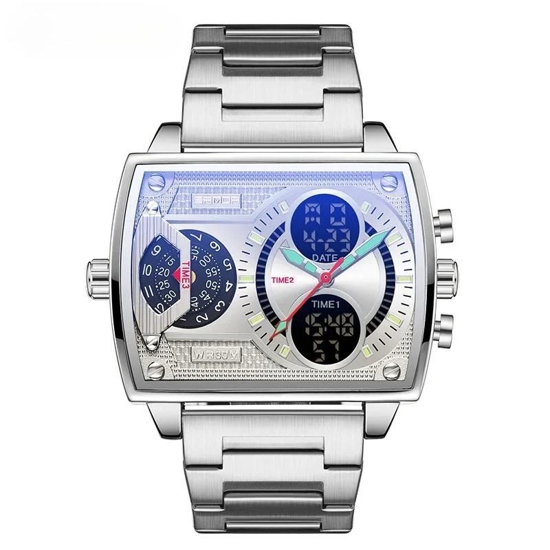 

New Man s Watch Fashion Square Large Dial Unique Pattern Sports Multifunctional Student Electronic Watch Waterproof Watch серебряный