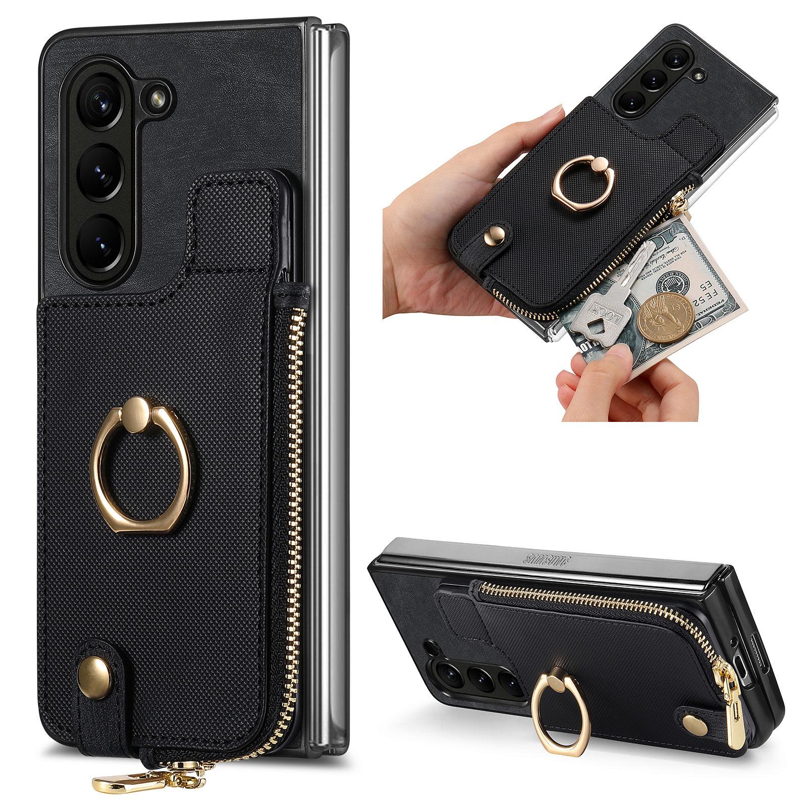 

For Samsung Galaxy Z Fold6 5G Case Zipper Pocket Ring Holder Leather+PC Phone Cover Black