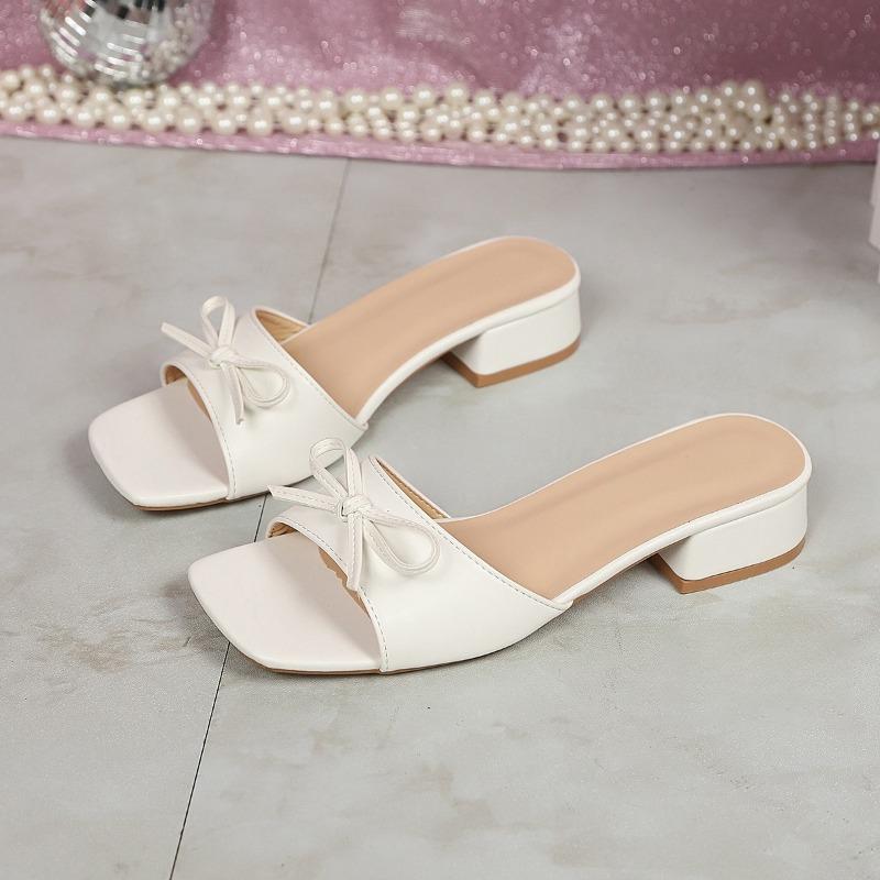 Plus Size Women Bow Chunky Mid Heel Square Toe Slide Slippers