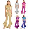 Kids Girls Dance Mock Neck Sleeveless Mesh Patchwork Rhinestone Ruffle Metallic Crop Top with Cross Waistband Shiny Ruffles Flared Pants for Stage