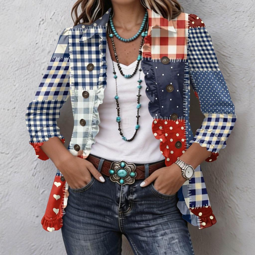 Women's Fashion Puzzle Print Long Sleeve Ruffle Button-Down Shirt Jacket for Casual Wear