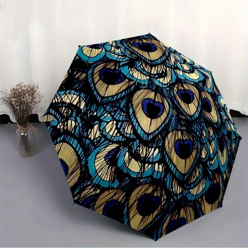 1pc Peacock Feather Pattern Automatic Folding Umbrella - 8-Rib Iron Frame, Windproof, Portable Sunshade with Plastic Handle for Travel & Out