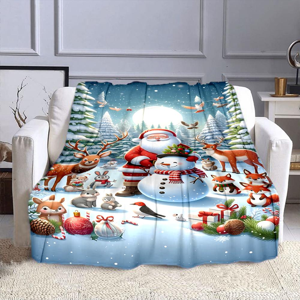 Santa and Snowman Winter Forest Scene Patterned Flannel Blanket Perfect for the Bedroom Living Room, Sofa, or a Little Nap